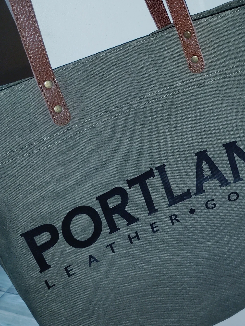 Portland Leather Olive Canvas Tote with Brown Leather Straps -17x13x4